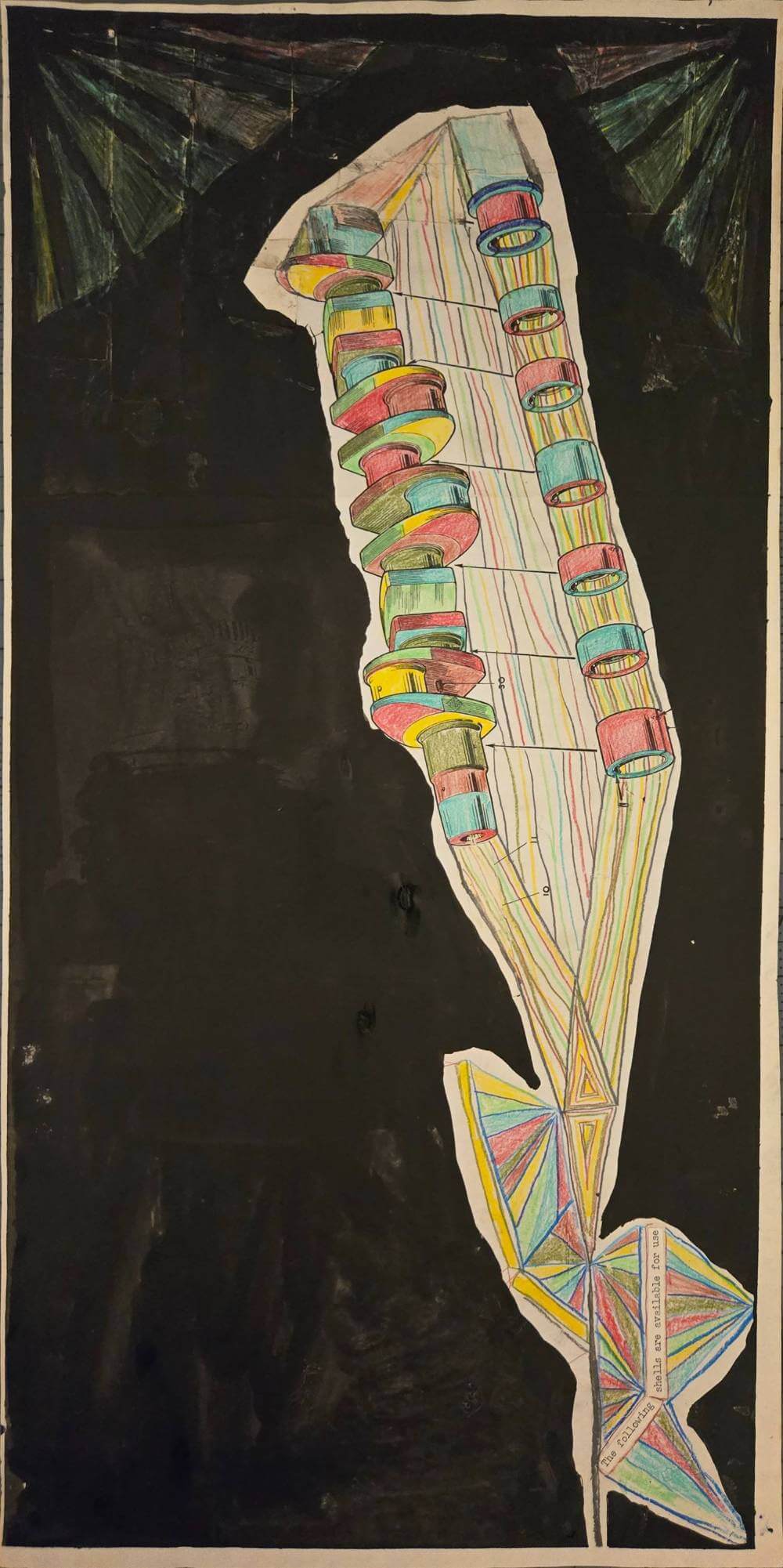 Colorful and abstract geometric shapes with cut-out collage text.