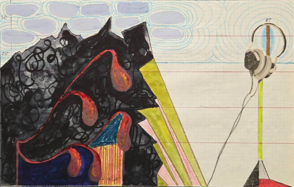 Colorful geometric shapes with cut-out collage headphones.