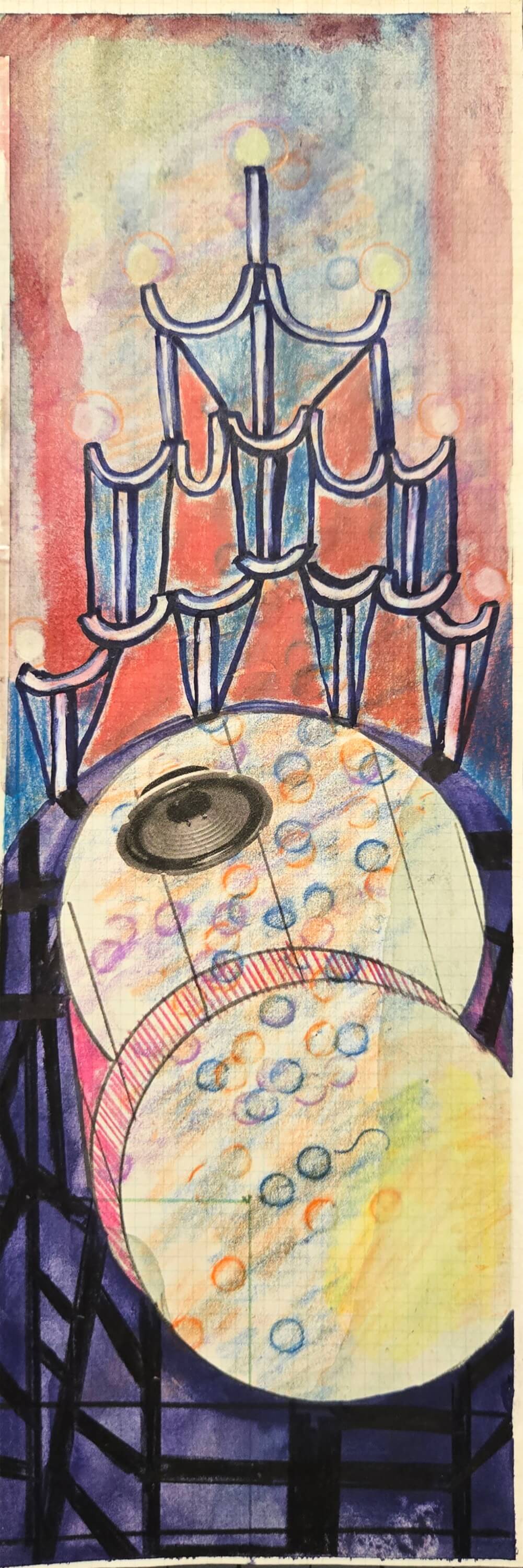 Colorful geometric shapes with cut-out collage speaker.