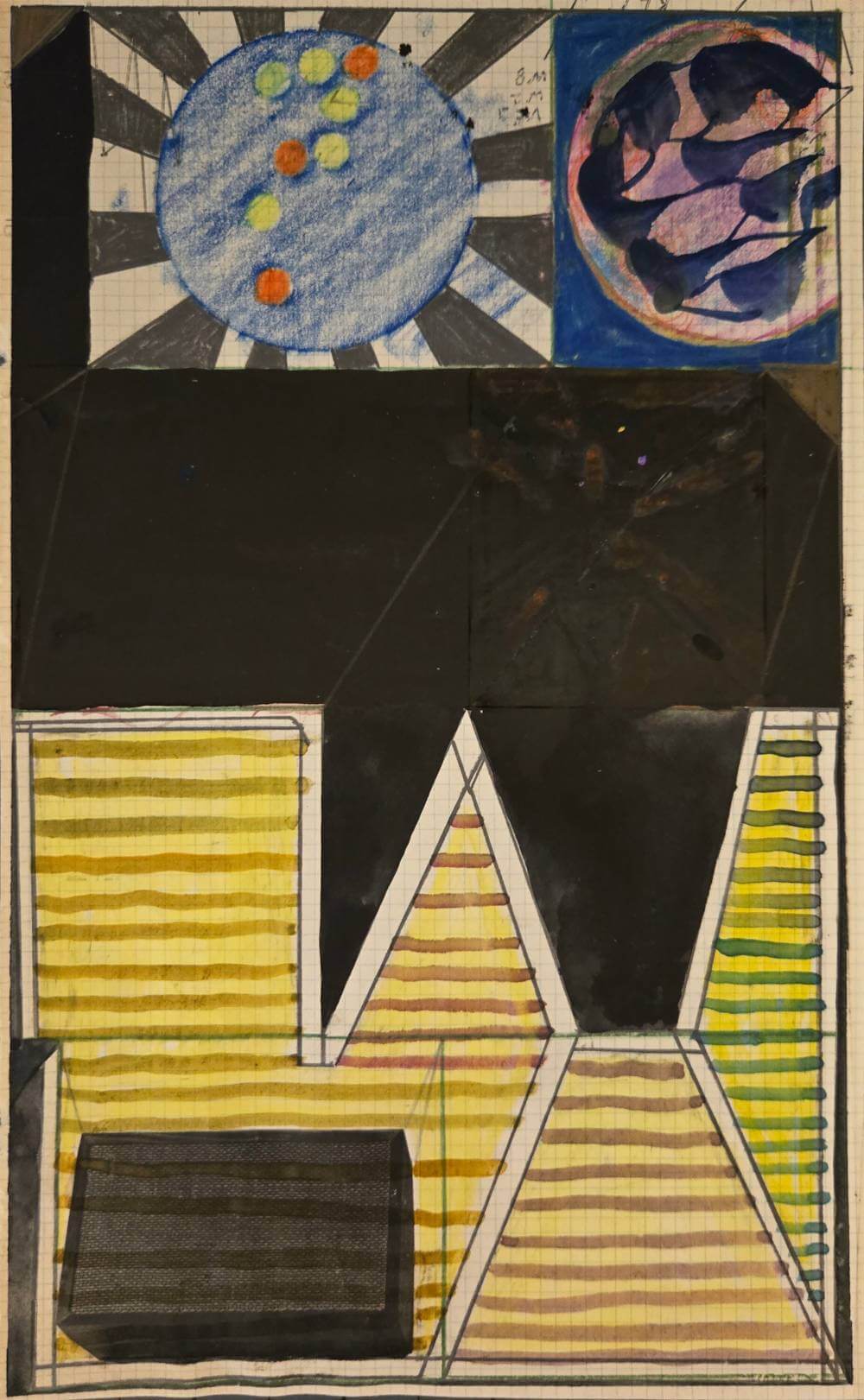 Geometric shapes with linear pattern against dark background.