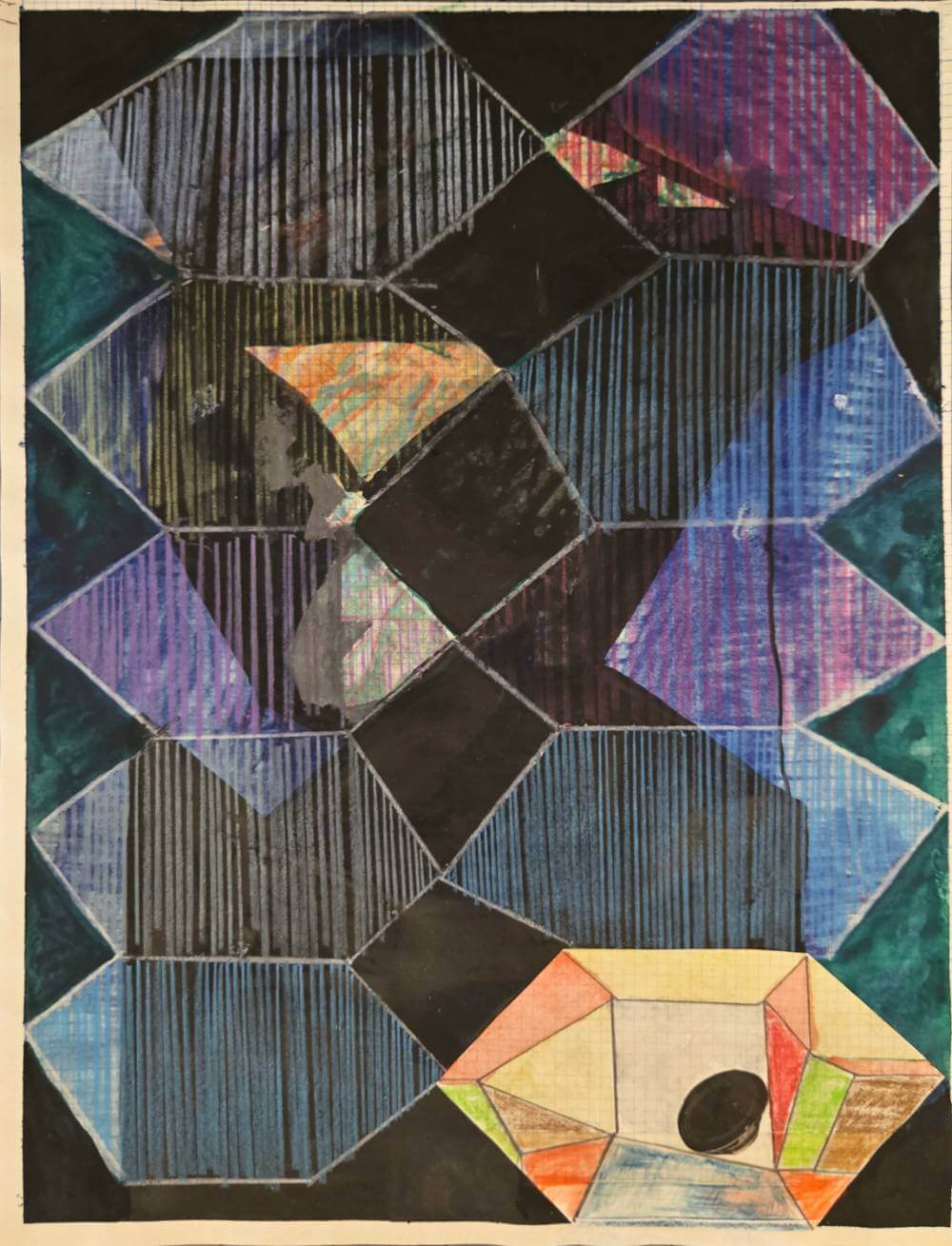 Hexagonal shapes with colorful linear patterns against black background.