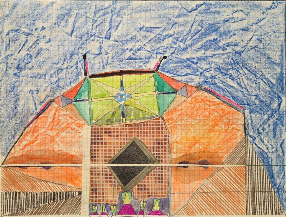 Colorful geometric shapes with cut-out collage.