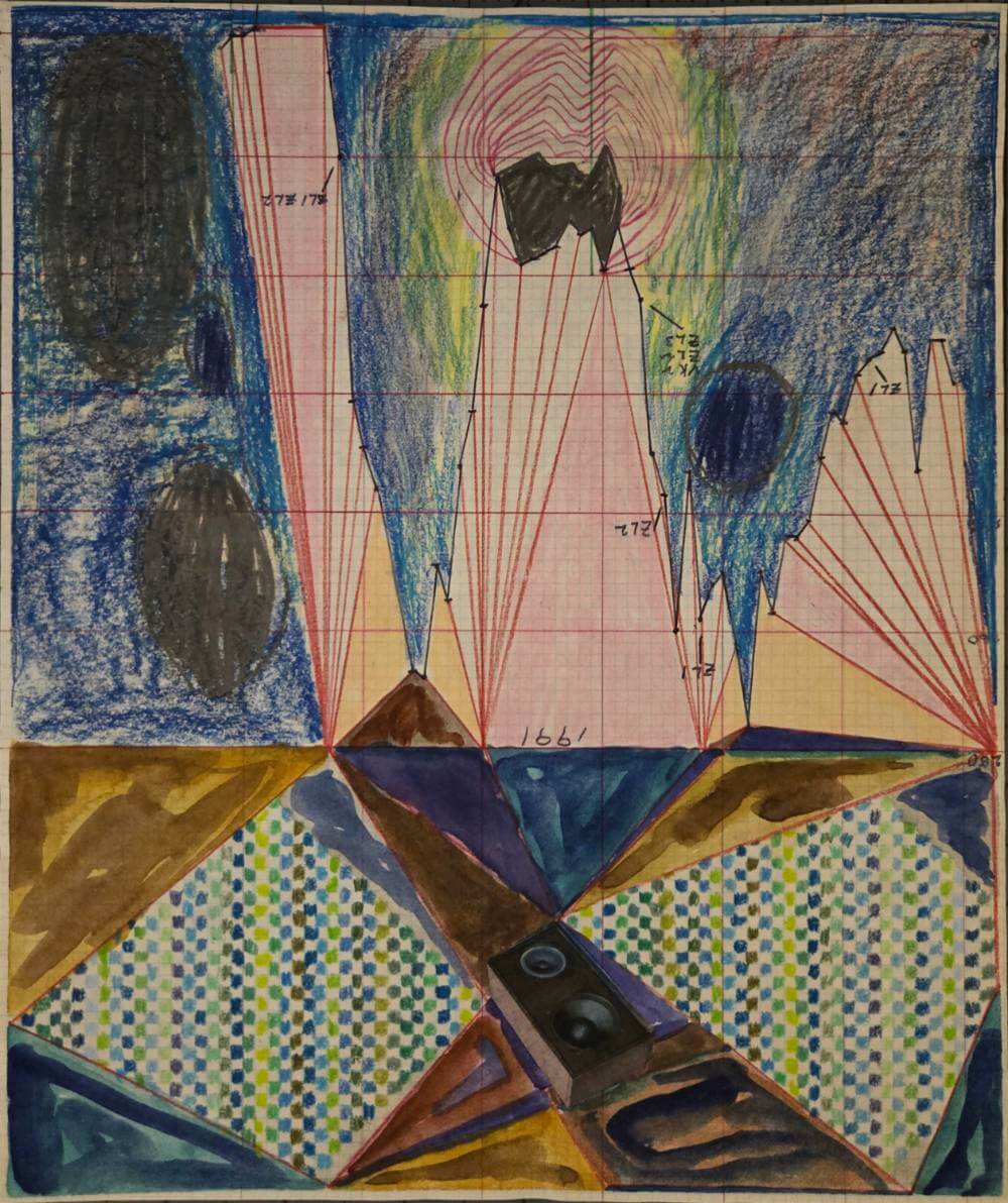 Colorful desaturated geometric shapes with cut-out collsge of speaker.