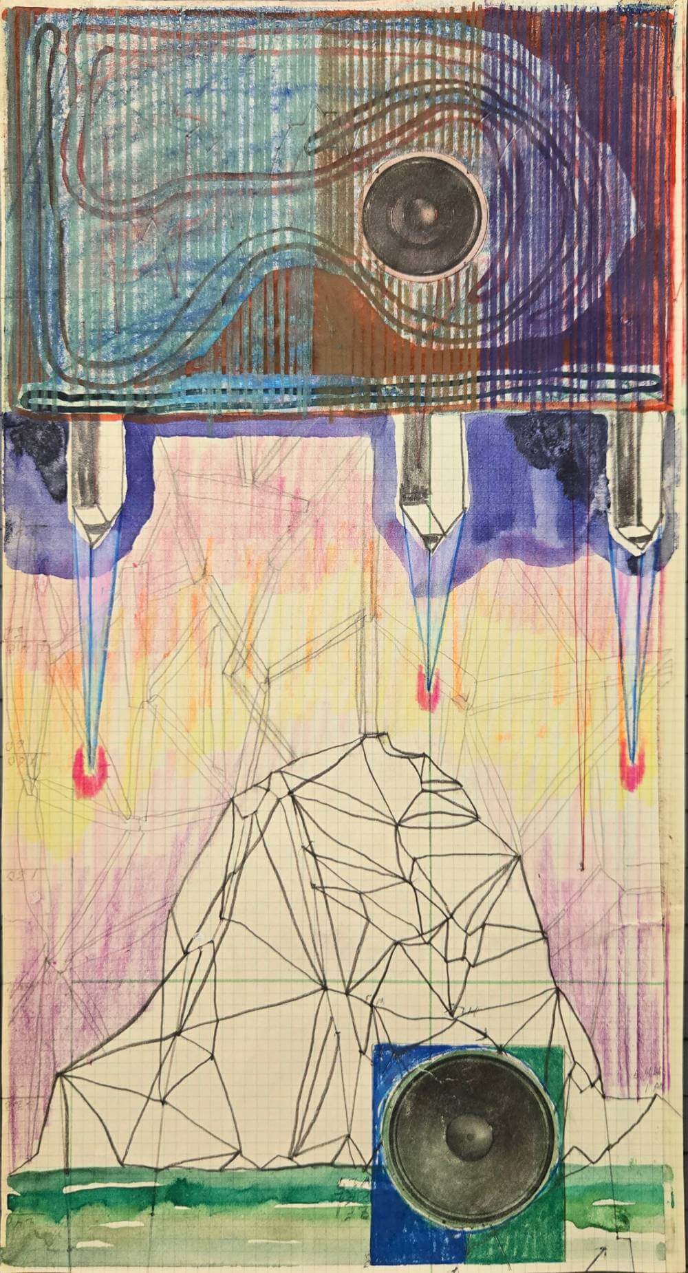 Colorful geometric shapes and linear patterns with cut-out collage speaker.