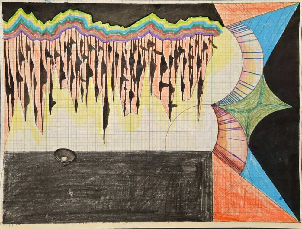 Colorful geometric shapes with cut-out collage speaker.