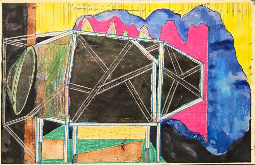 Colorful linear and organic shapes with cut-out collage speaker.