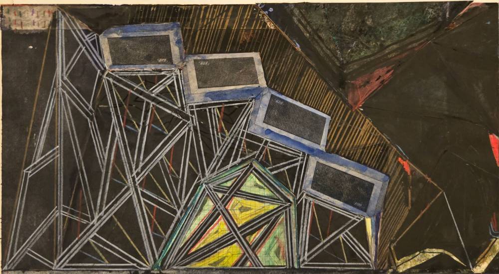 White linear shapes against black background with cut-out collage amps.