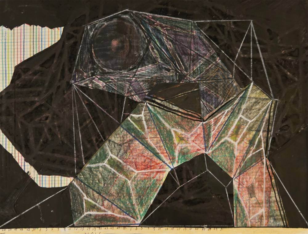 Colorful desaturated geometric shapes with speaker collage on black background.