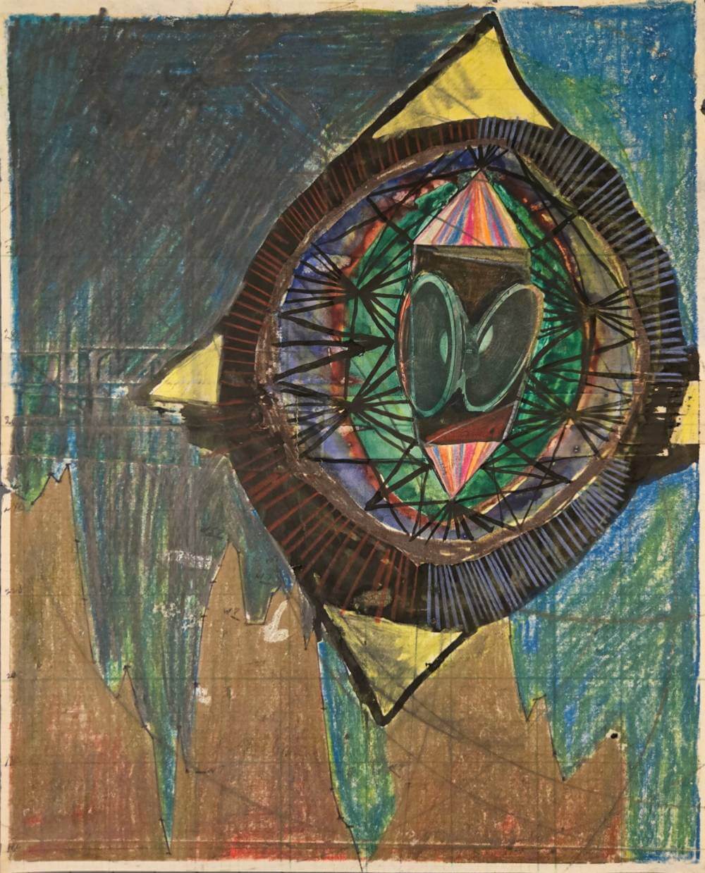 Colorful desaturated geometric shapes with cut-out collage speaker cones.