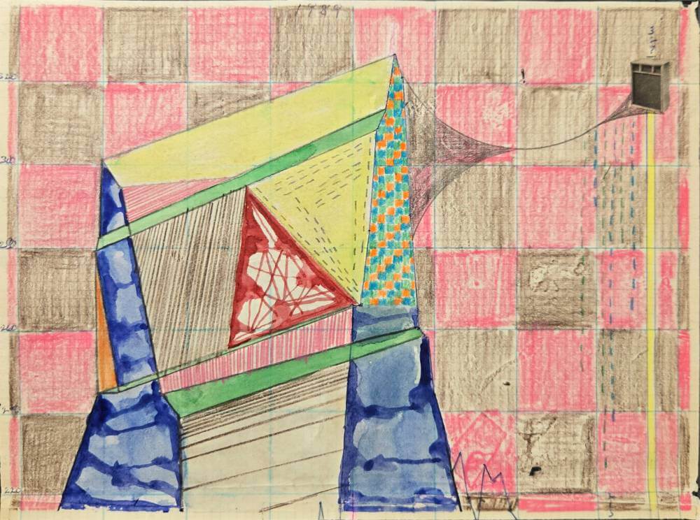 Colorful geometric shapes with cut-out collage speaker.