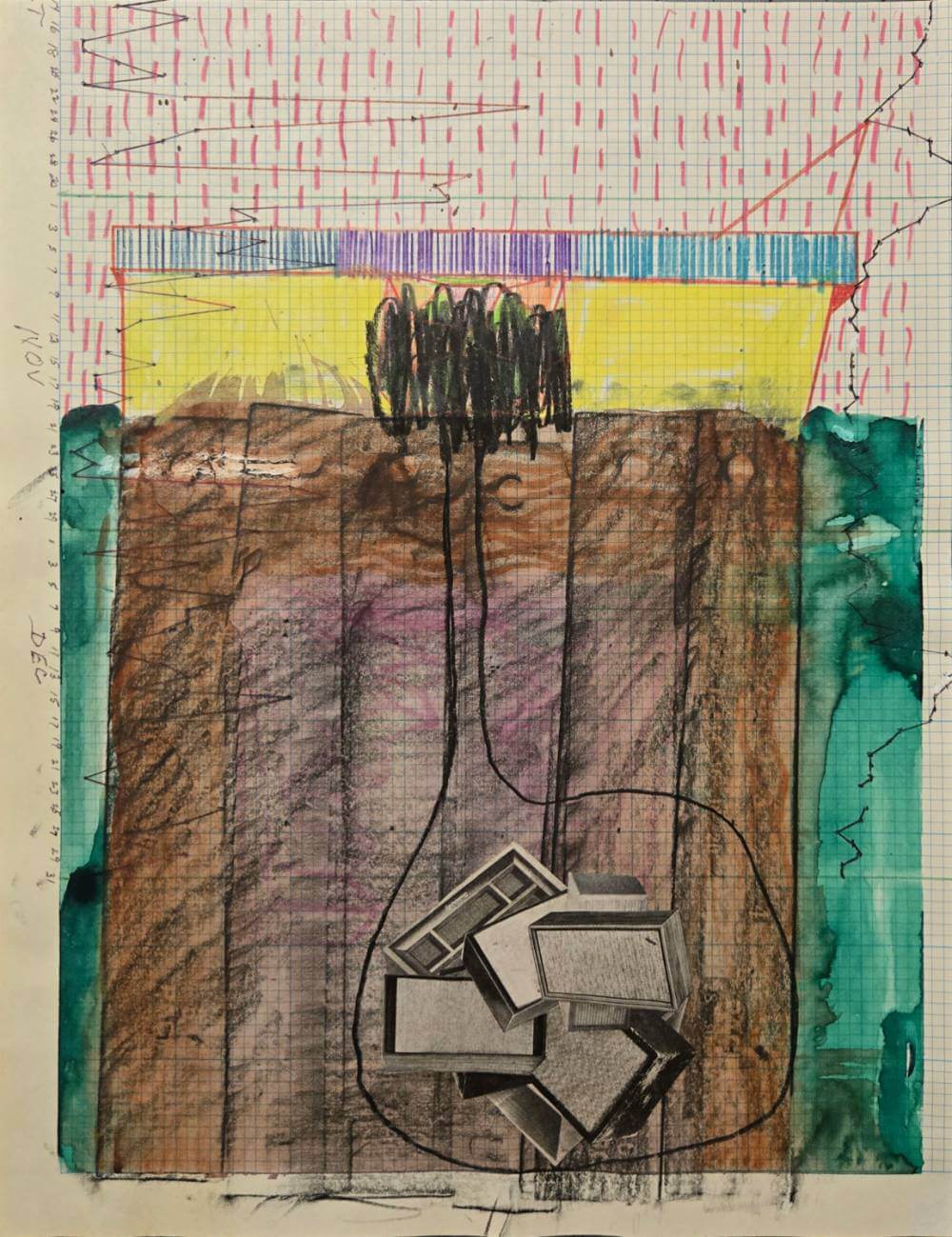 Colorful geometric shapes with layered cut-out collage speakers.