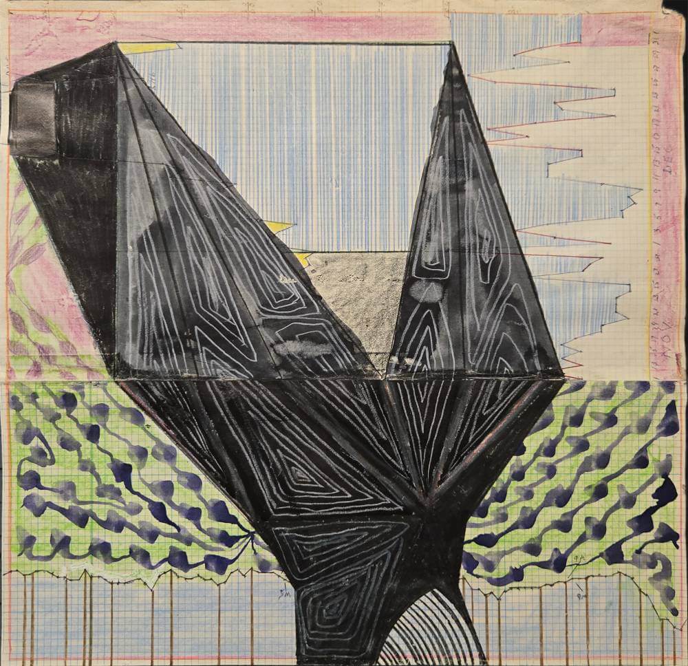 Black geometric shape with white linear patterns on various colorful patterns.