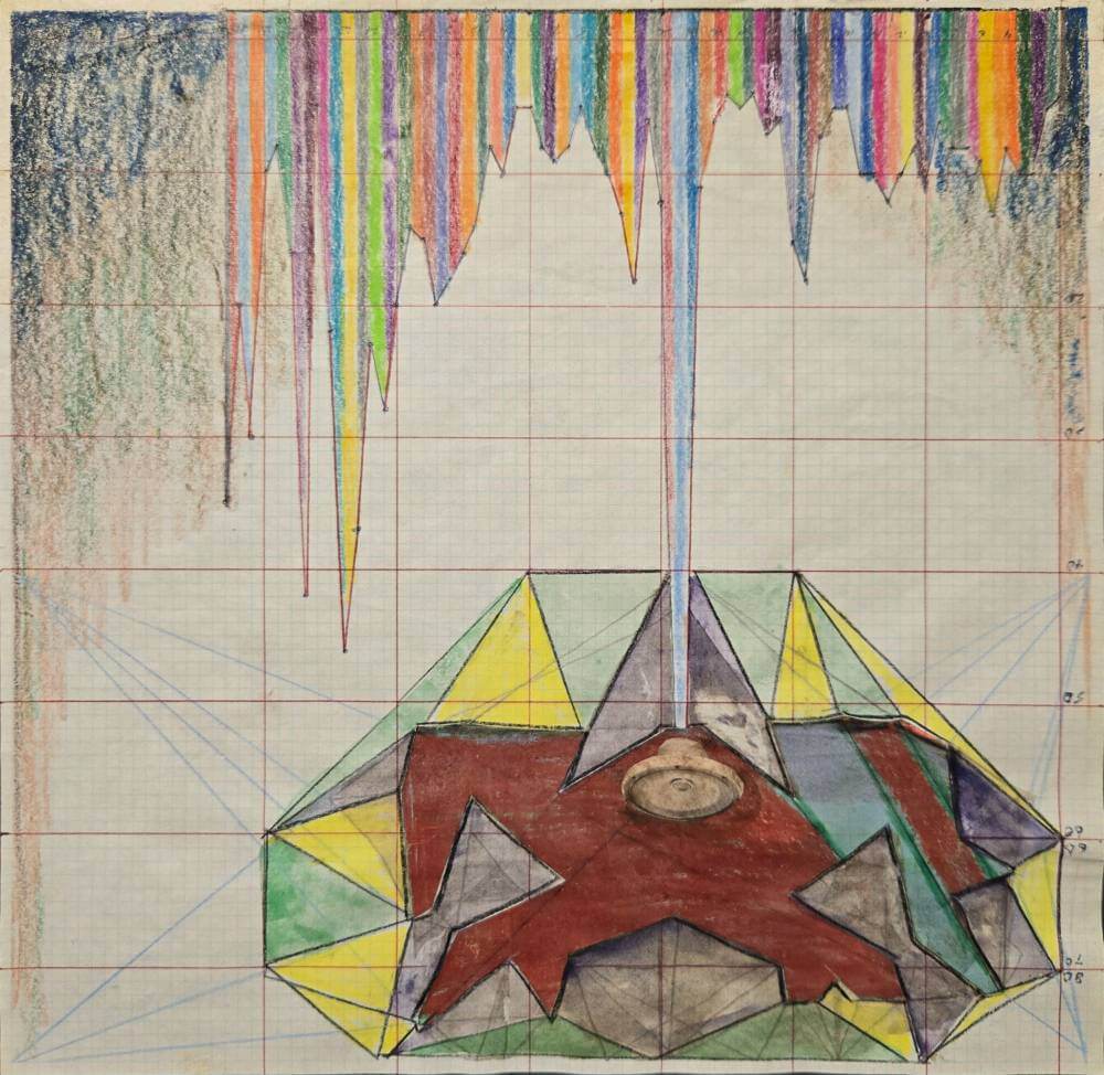 Colorful geometric shapes with cut-out collage speaker.