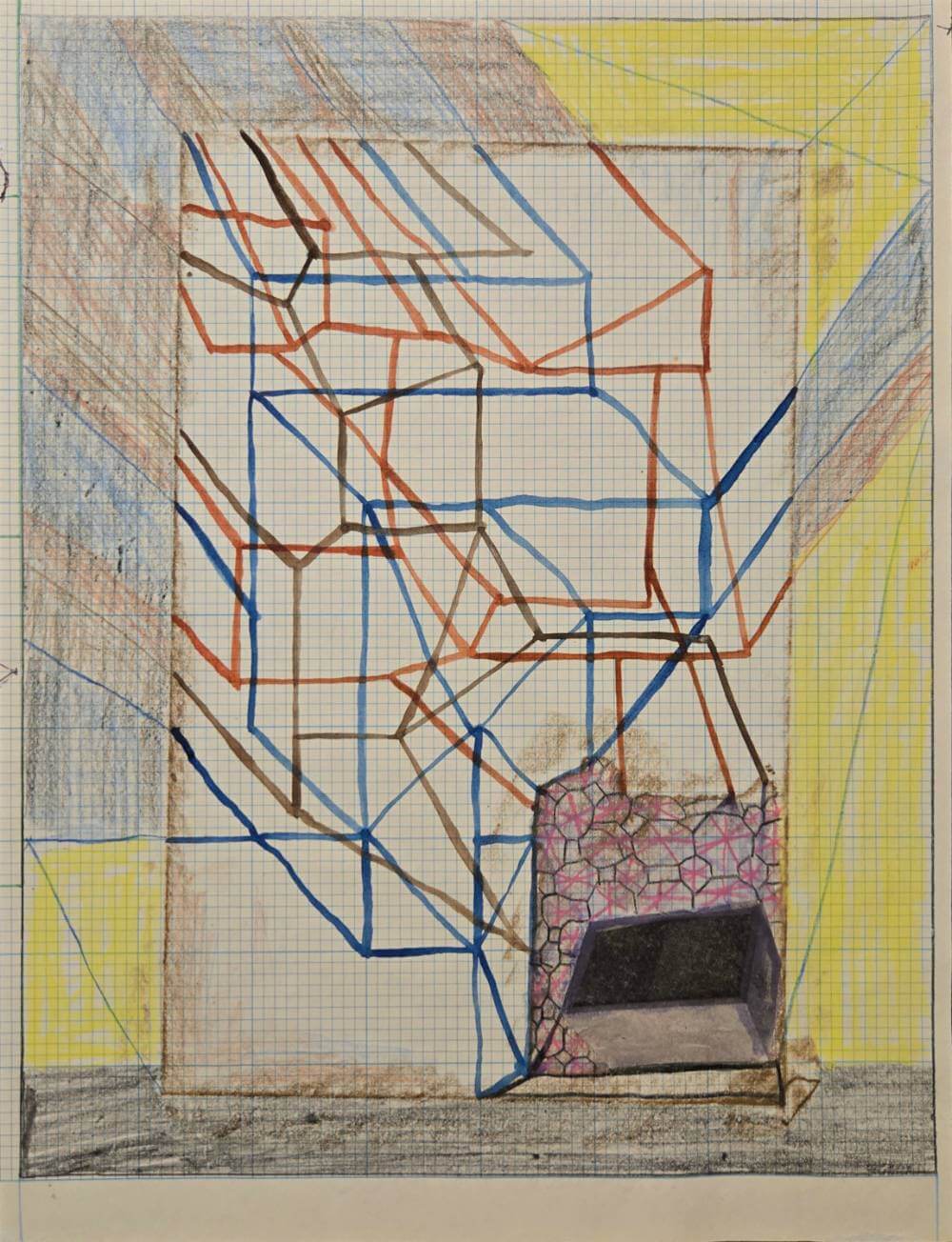 Colorful linear patterns and cut-out collage of speaker.