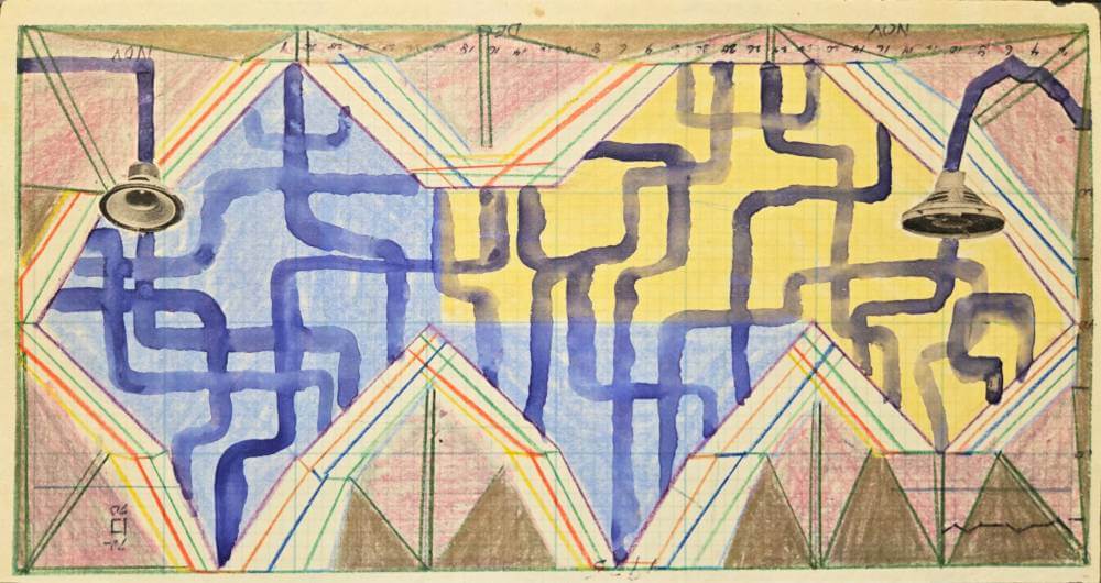 Colorful geometric shapes and blue linear patterns with collages of speakers.