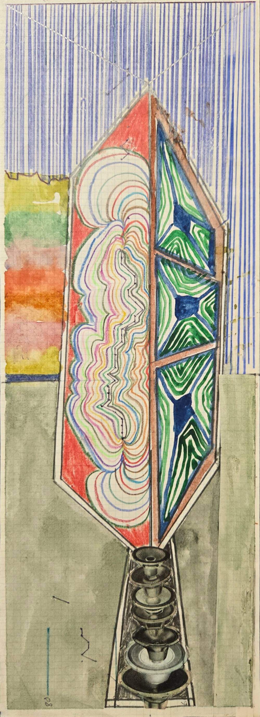 Colorful geometric shapes with linear patterns and collage of layered speakers.