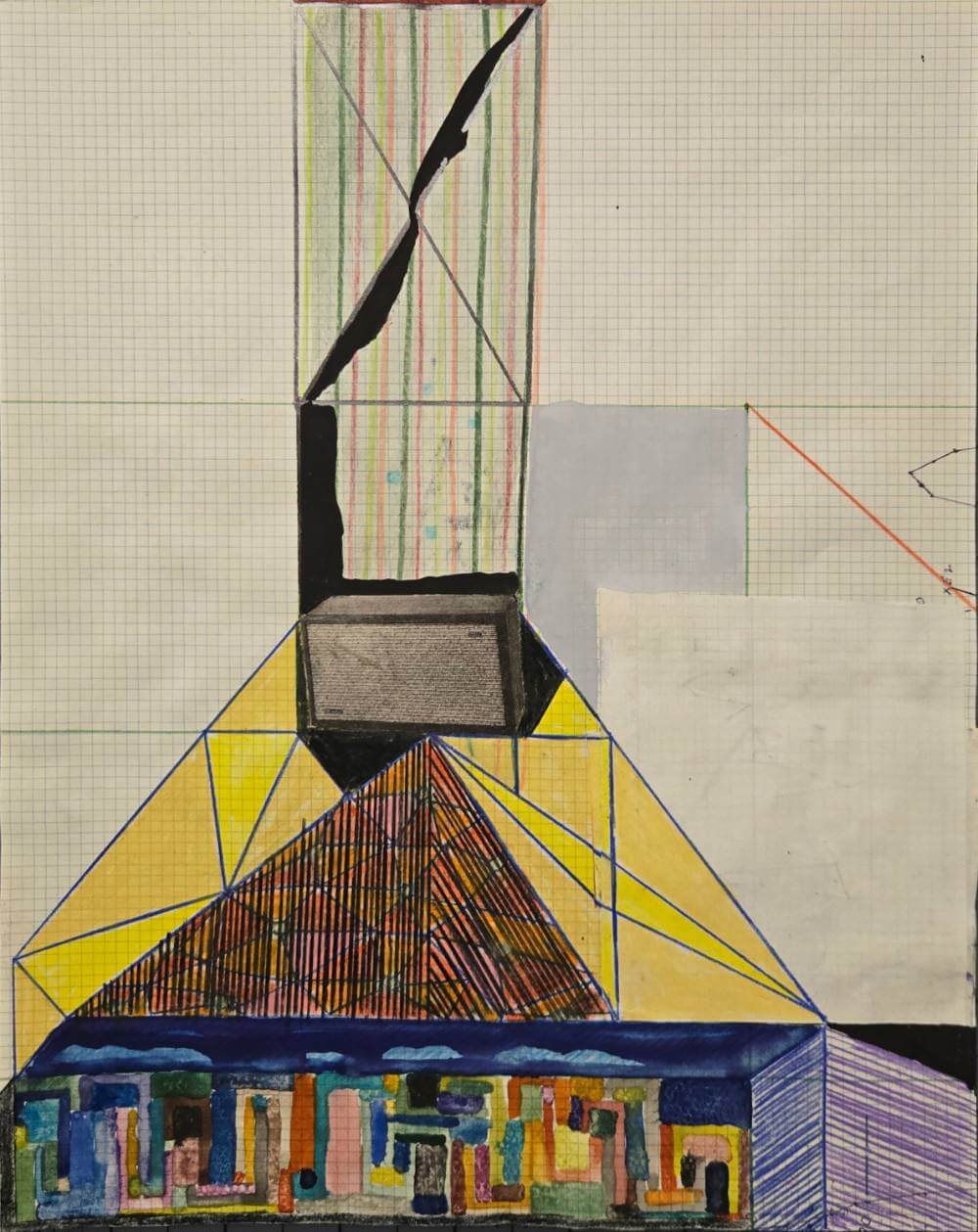 Colorful geometric shapes with cut-out collage speaker.