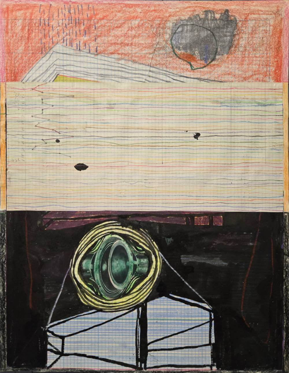 Colorful linear patterns above collage of speakers on black background.