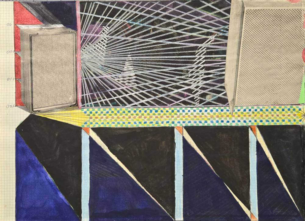 Colorful geometric shapes with cut-out collage speaker.