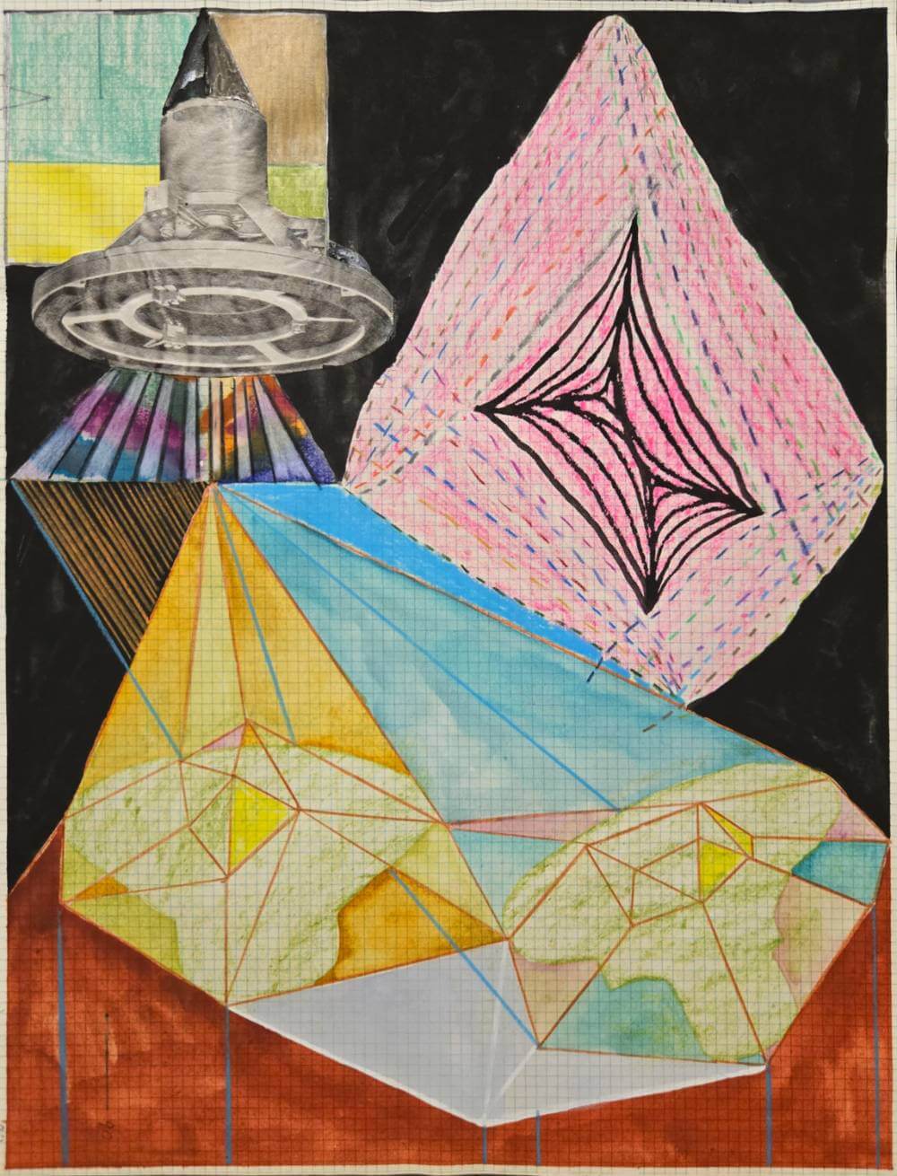 Colorful geometric shapes with cut-out speaker cone.