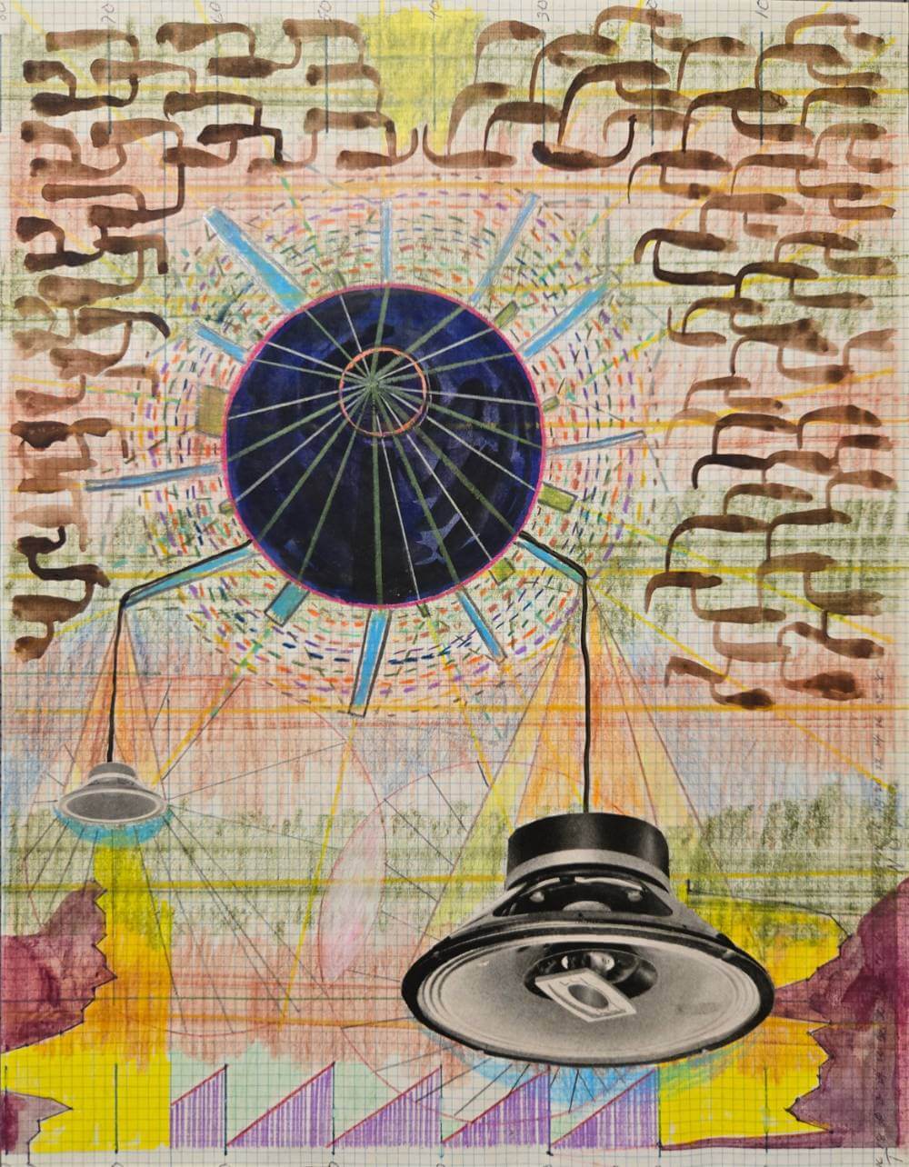 Colorful geometric shapes with cut-out collage speaker.