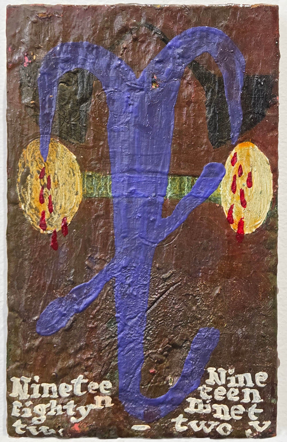 Uterus-shaped figure dripping red drops and text saying 1982-1992.