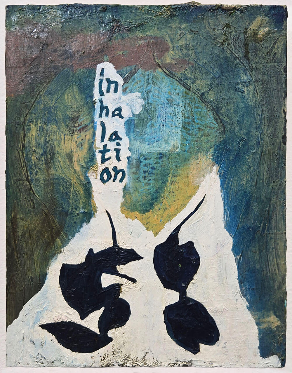 Black abstract shapes and text saying inhalation with white borders.