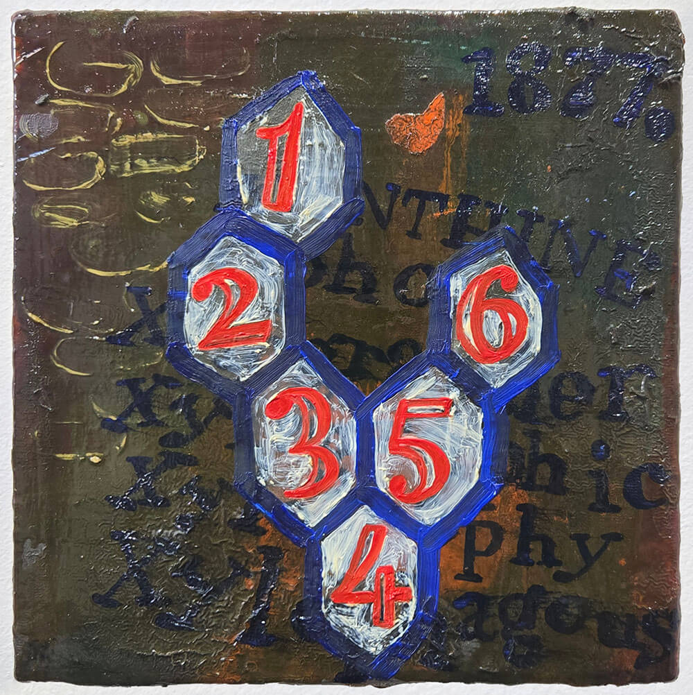 White connected hexagons with blue borders and numbers 1 to 6 in each hexagon.