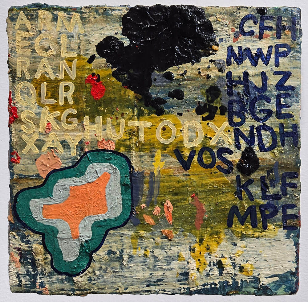 Colorful abstract shapes and brushstrokes with blue and yellow text.