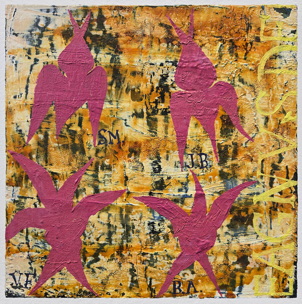 Abstract pink shapes and yellow text on marbeled orange and brown background.