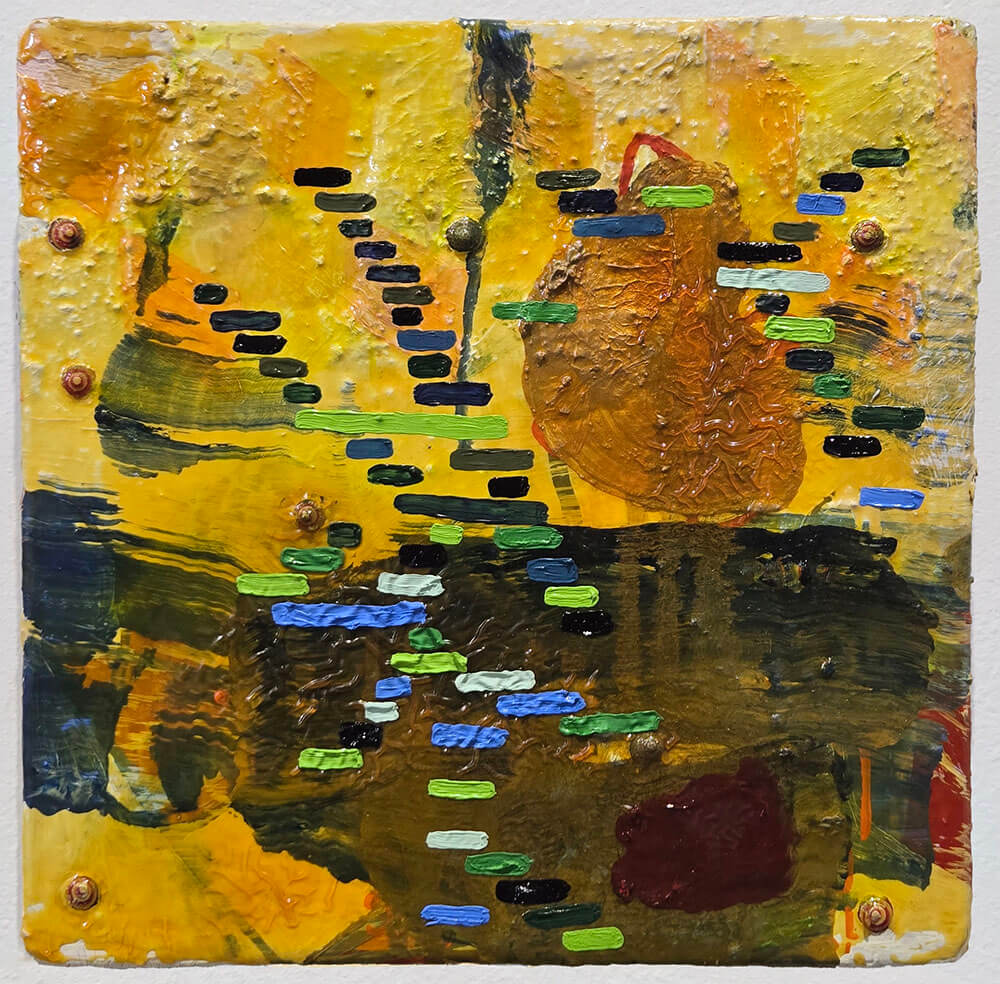 Blue and green lines on top of shiny yellow background.