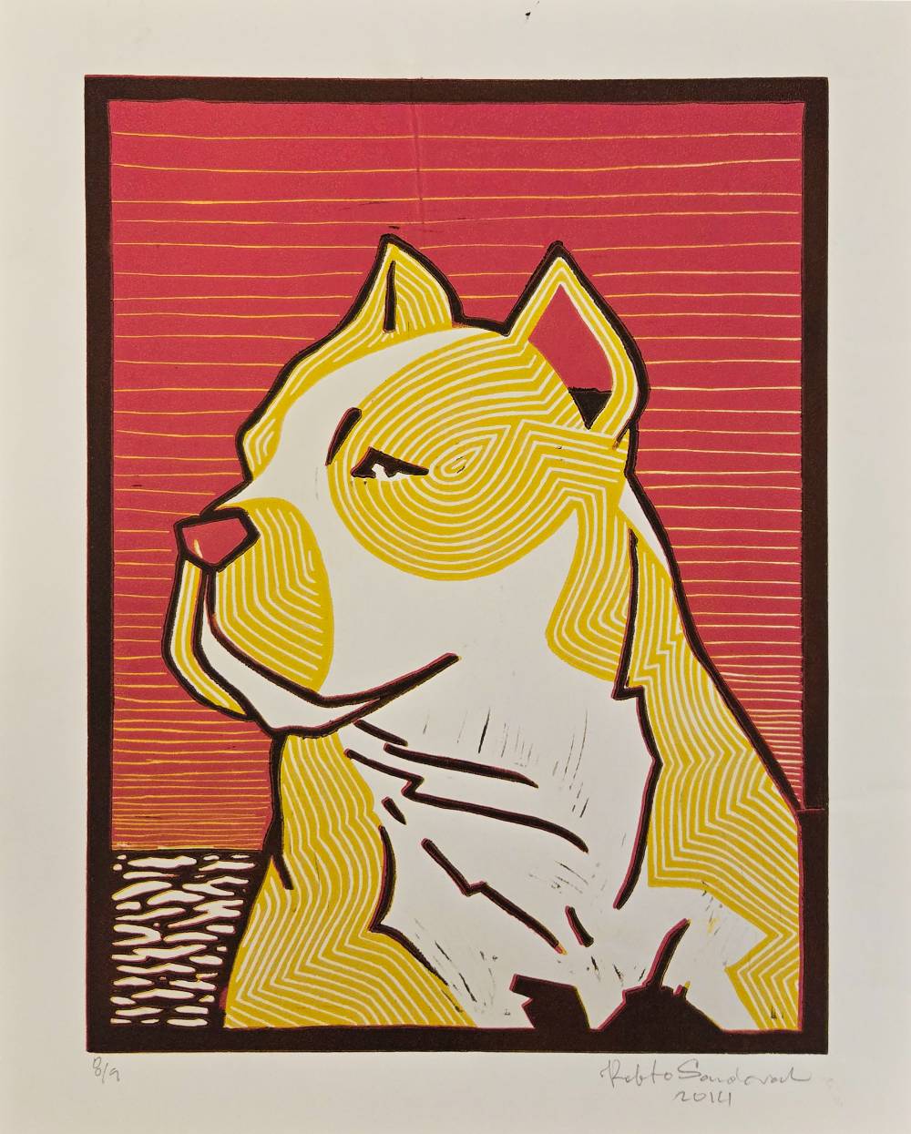 Stylized yellow and white dog against red background with yellow stripes.
