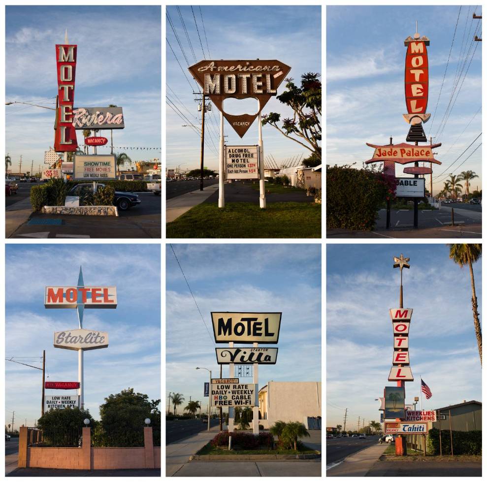 Six different motel signs in two by three grid.