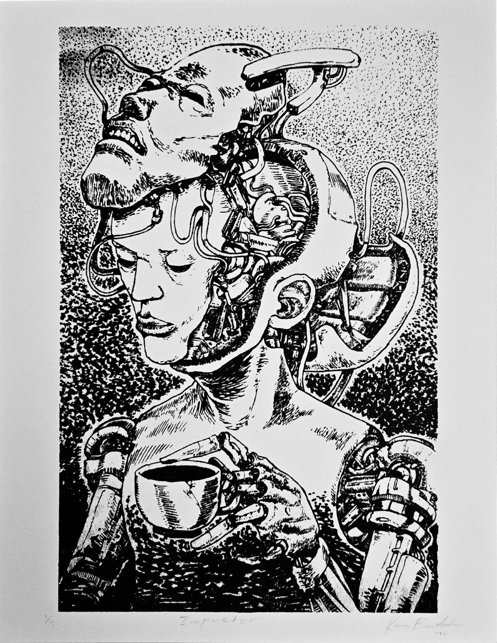 Female presenting robot with one face coming off another face holding mug.