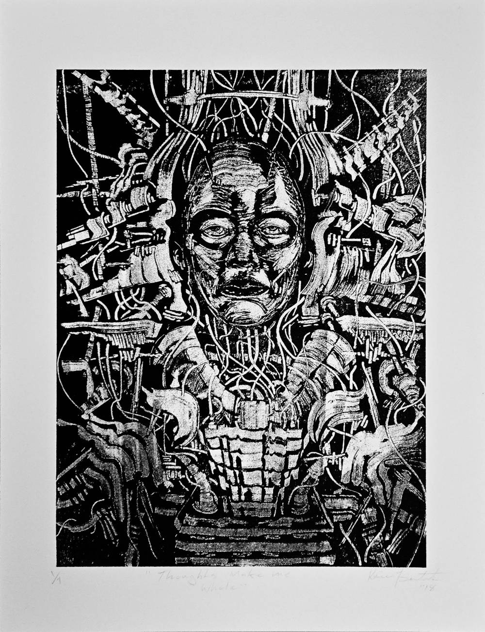 Floating male head plugged into wires and other technologies in black and white.