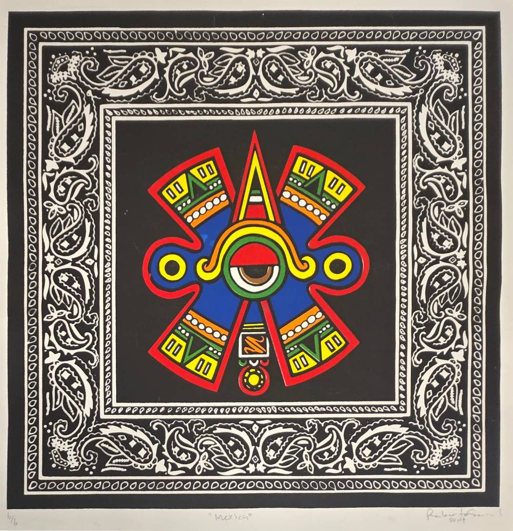 Colorful Aztec Ollin symbol with a black and white paisley bandana border.