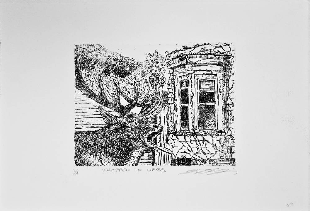 Moose with open mouth in front of house covered by overgrown vegetation.