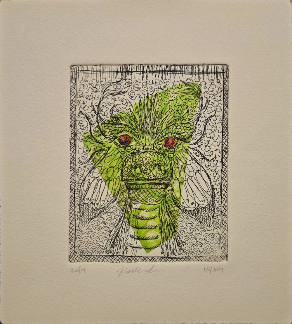 Dragon-butterfly hybrid with red eyes and green triangle superimposed ontop.