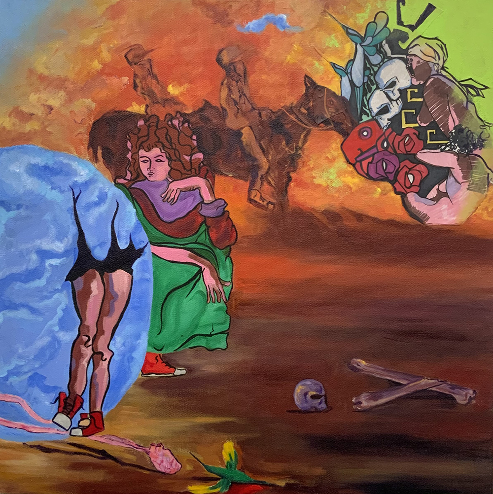 Abstract painting with conquistadors and skulls