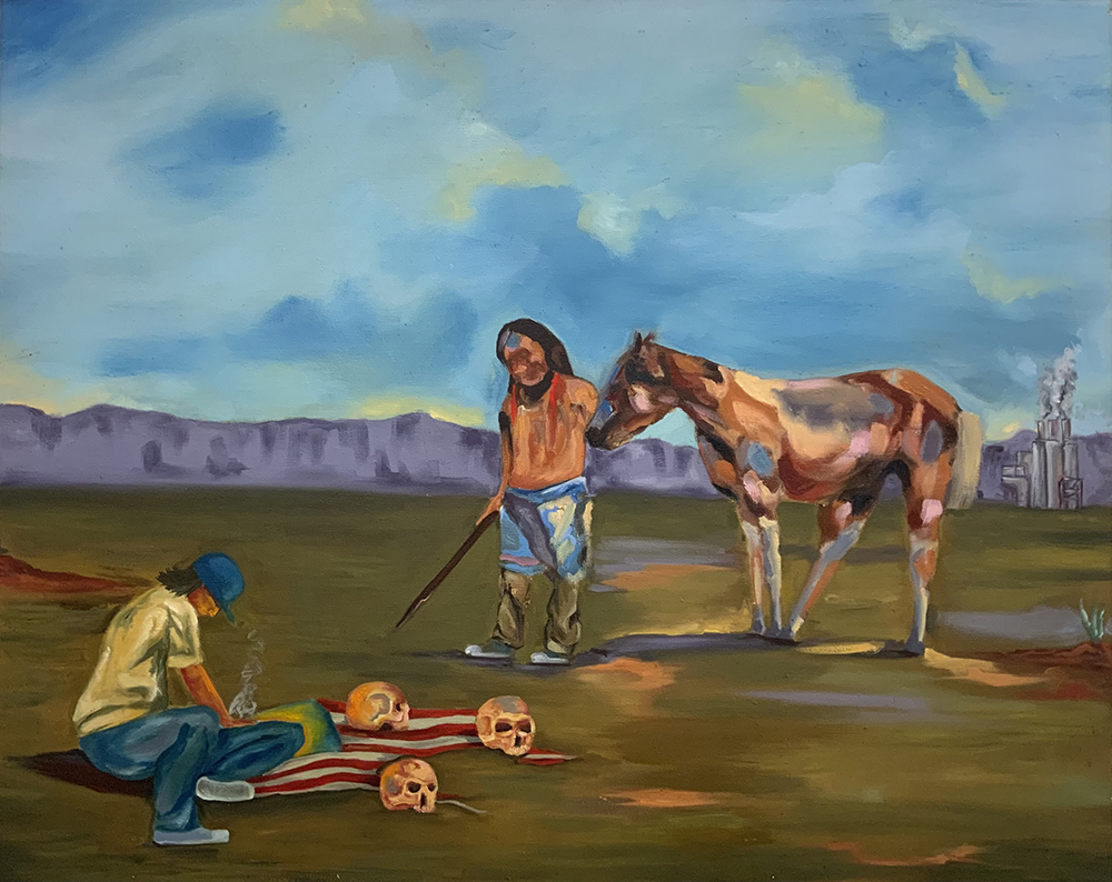 A man and horse in an isolated abstracted desert