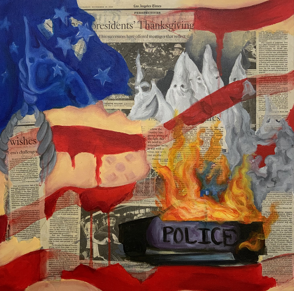 Mixed media drawing of KKK members on newspaper