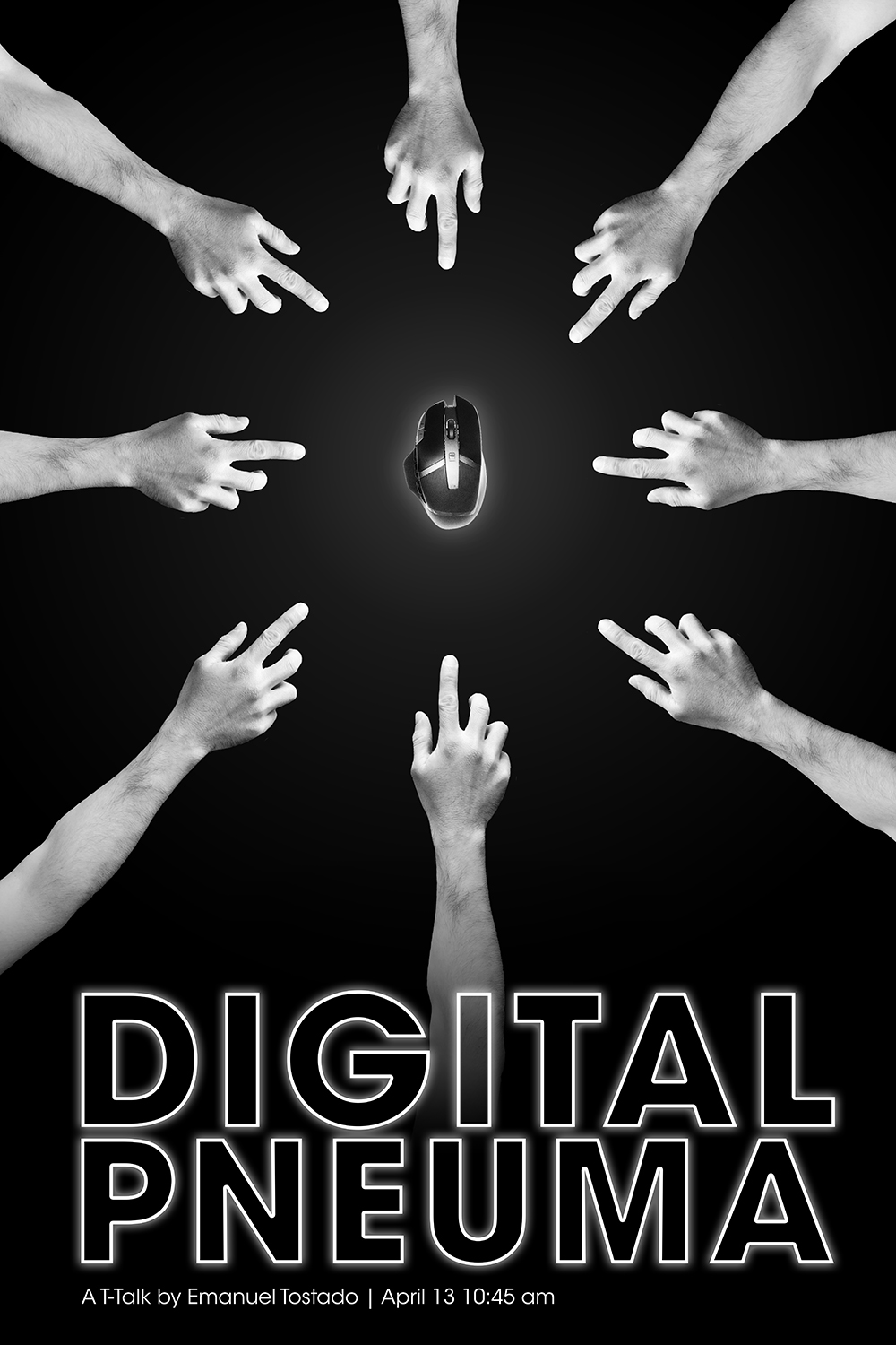 A black and white poster of a wireless mouse and eight hands encircling it
