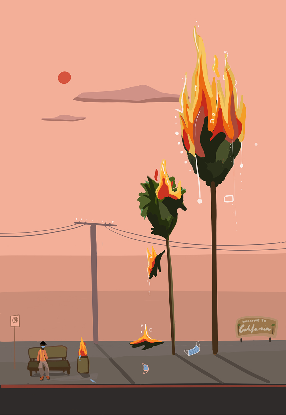 Two palm trees on fire and a man at a bus stop