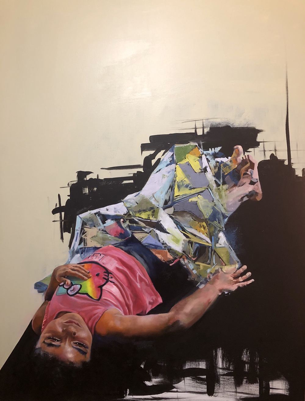 A child laying upside down