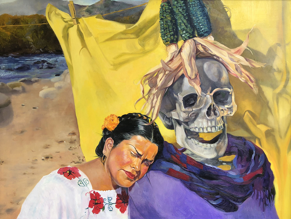 A woman and a skeleton with corn hair