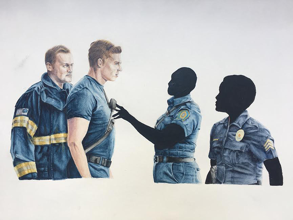 Four People, Two Dressed as Cops in Silhouette.