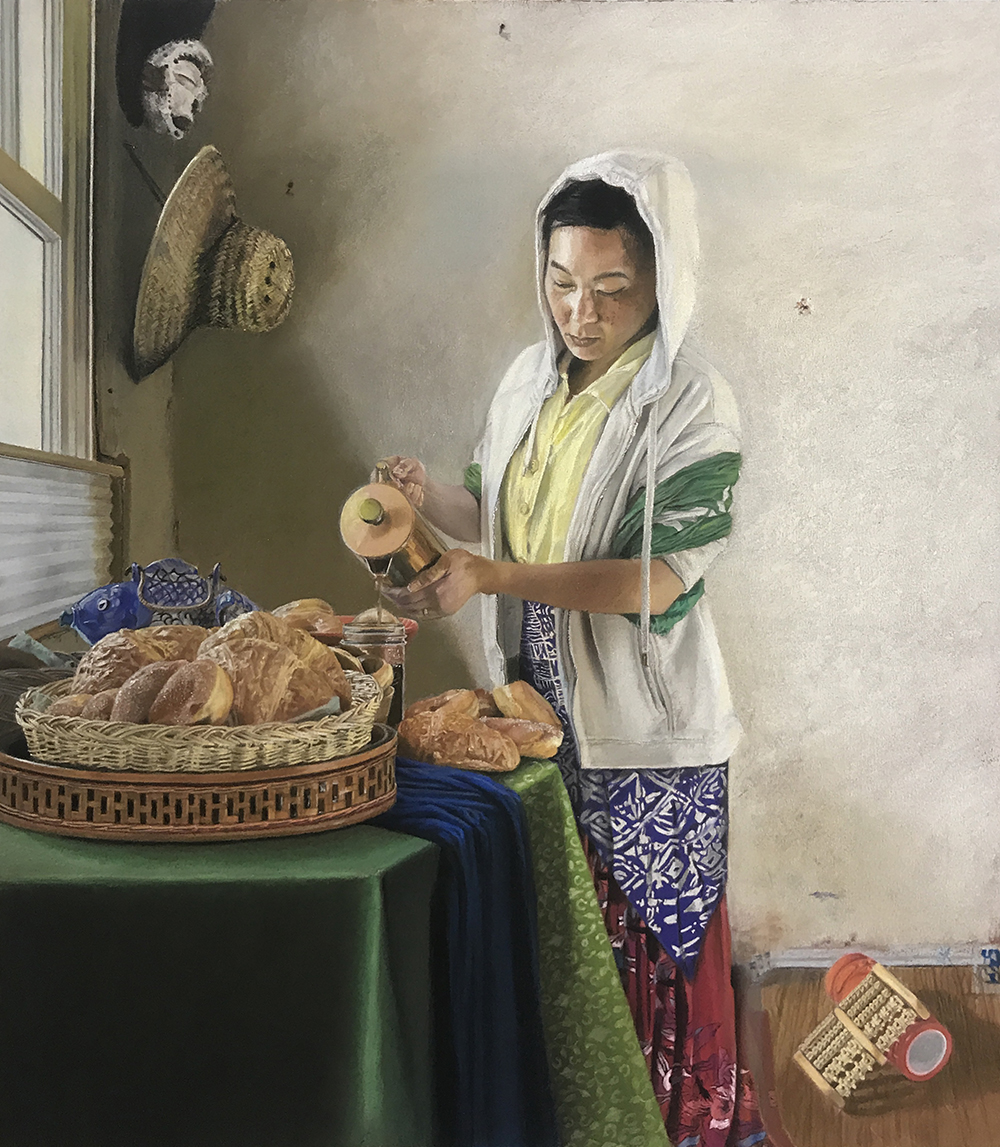 An asian woman pouring coffee in a room
