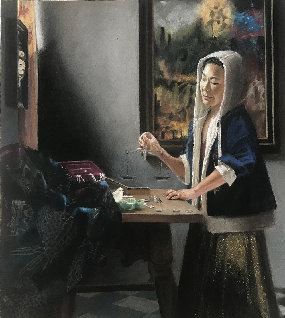 An asian woman weighing something in a room