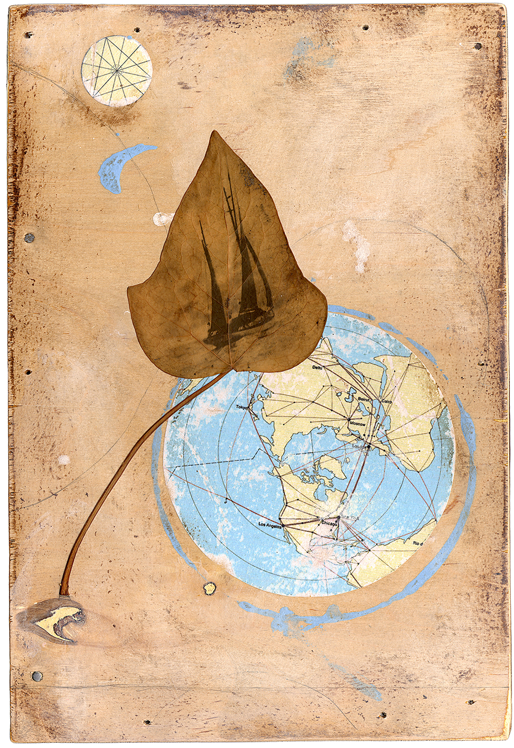 Spattered Paint Surrounds a Leaf with Boat and a Globe.