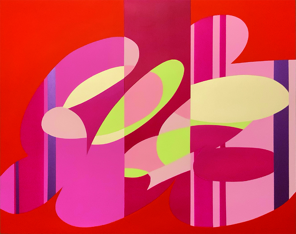 An abstract painting with biomorphic forms and stripes.